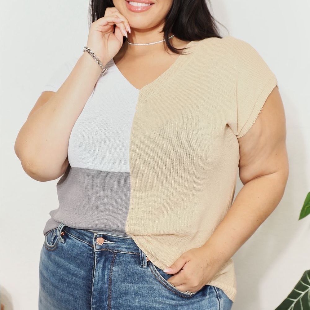 NEW Double Take 90s Neutral Color Block V-Neck Knit Short Sleeve Sweater Top